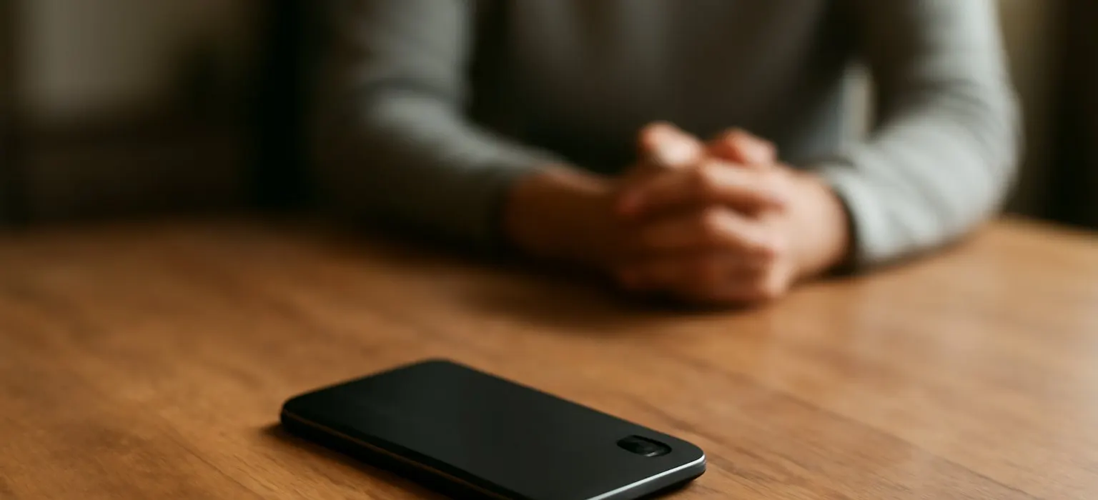 A smartphone lying face down on a wooden table next to a notebook