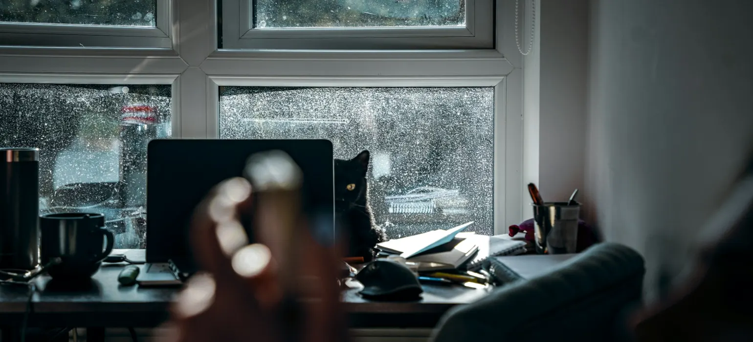 A black cat peering through a rain-streaked window behind a cluttered desk