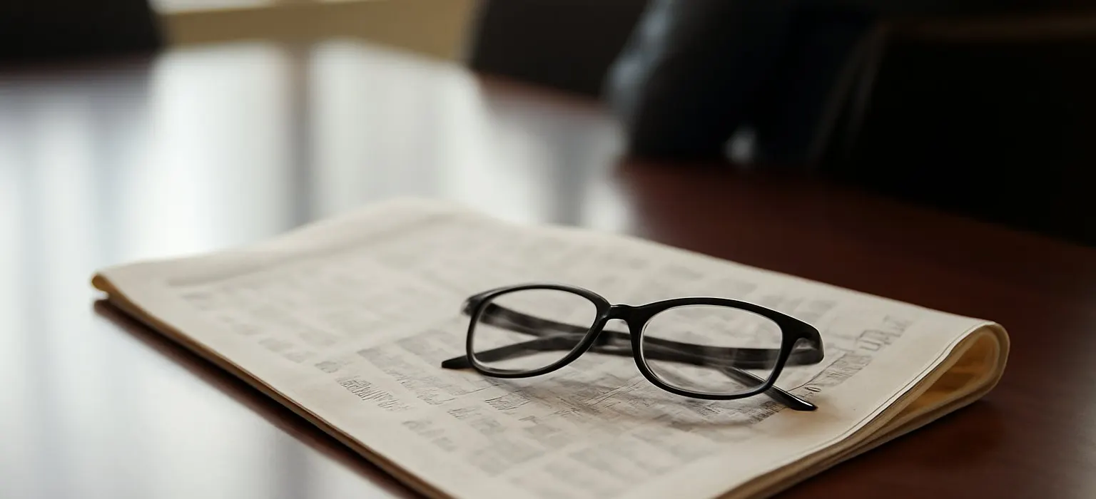 A financial newspaper and reading glasses on a boardroom table