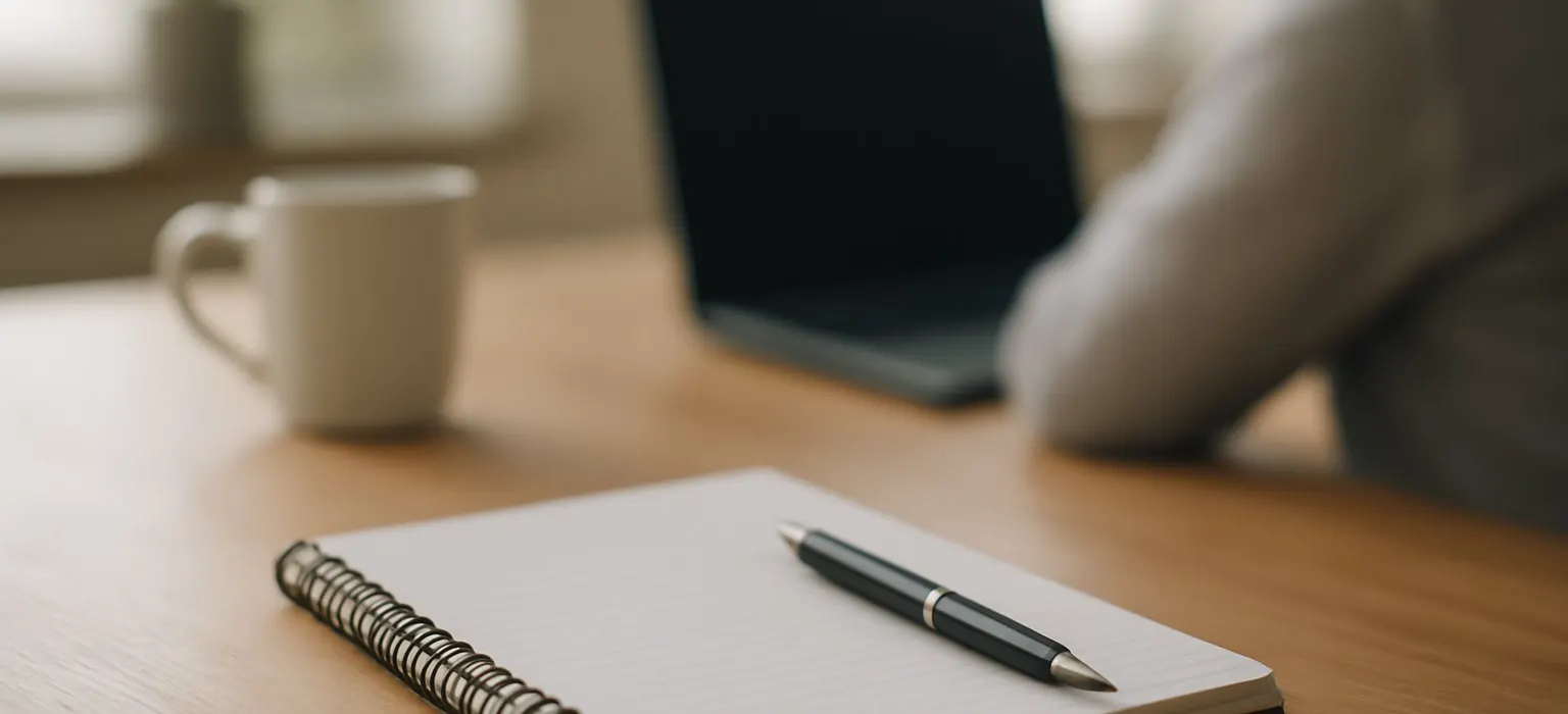 An open notebook with a pen resting on a tidy office desk beside a laptop