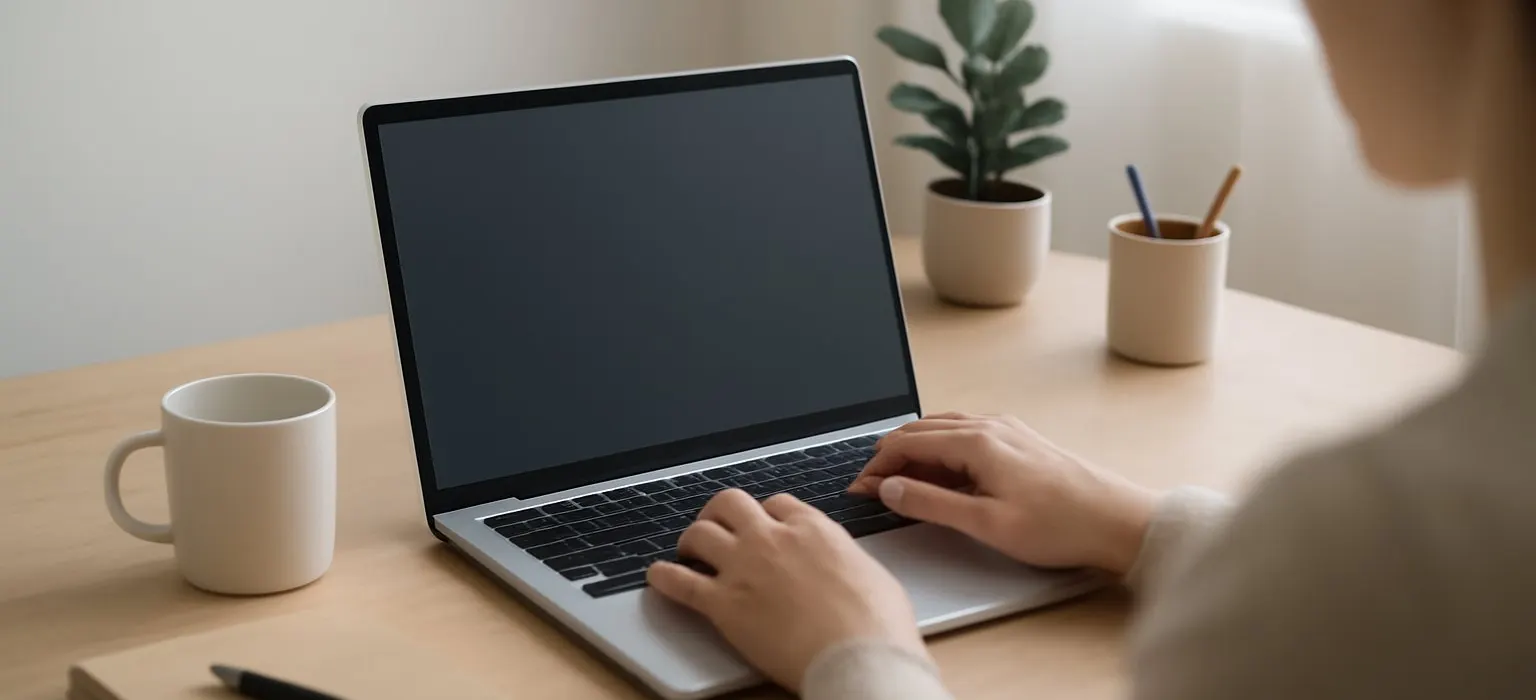 A tidy desk with a closed laptop, a notebook and a small plant in a quiet office