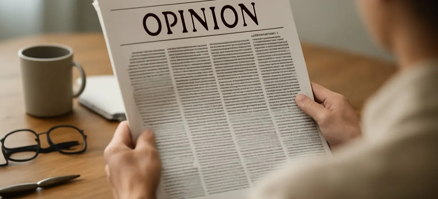 A folded newspaper open to the opinion section on a wooden desk beside a cup of coffee