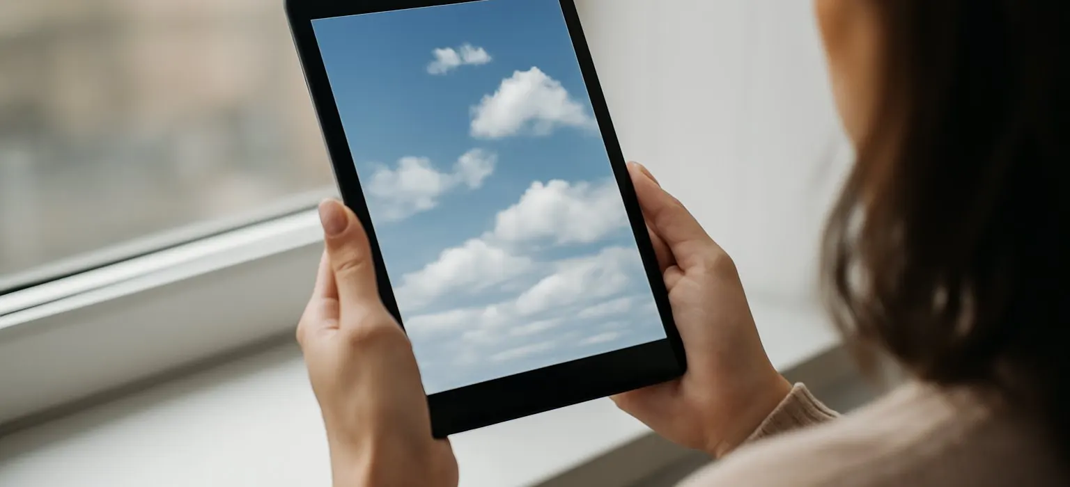 A tablet resting on a windowsill with soft clouds visible in the sky outside