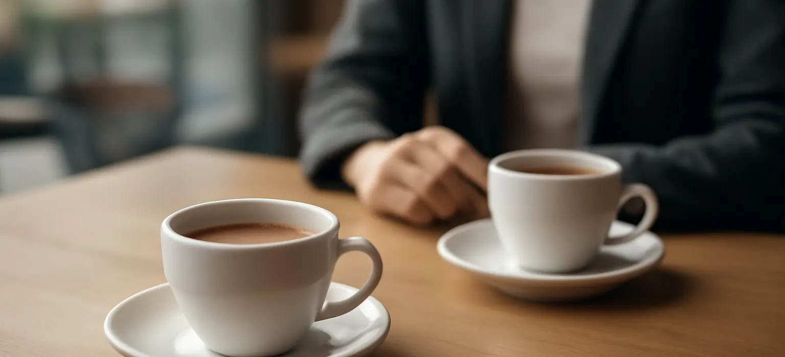 Two coffee cups on a small round cafe table by a sunlit window