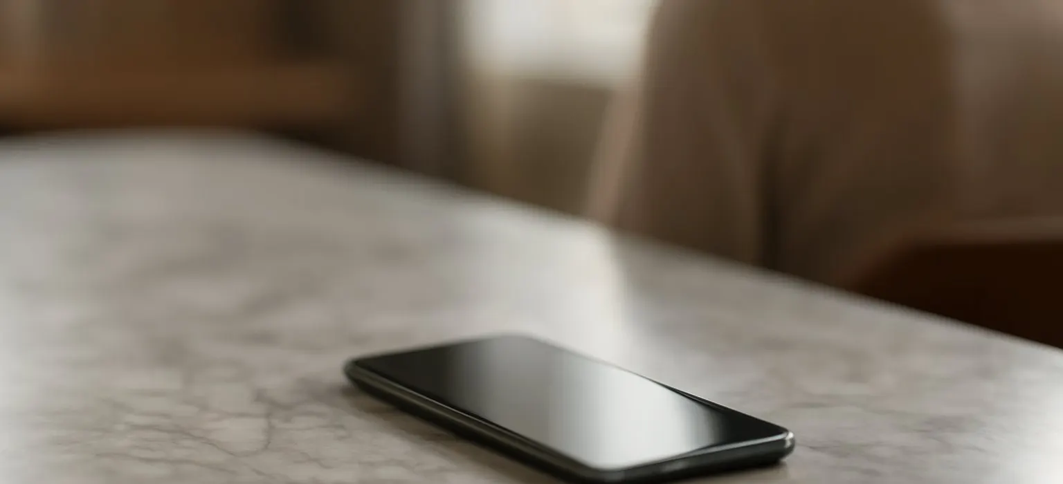 A smartphone lying face up on a white marble tabletop in soft light