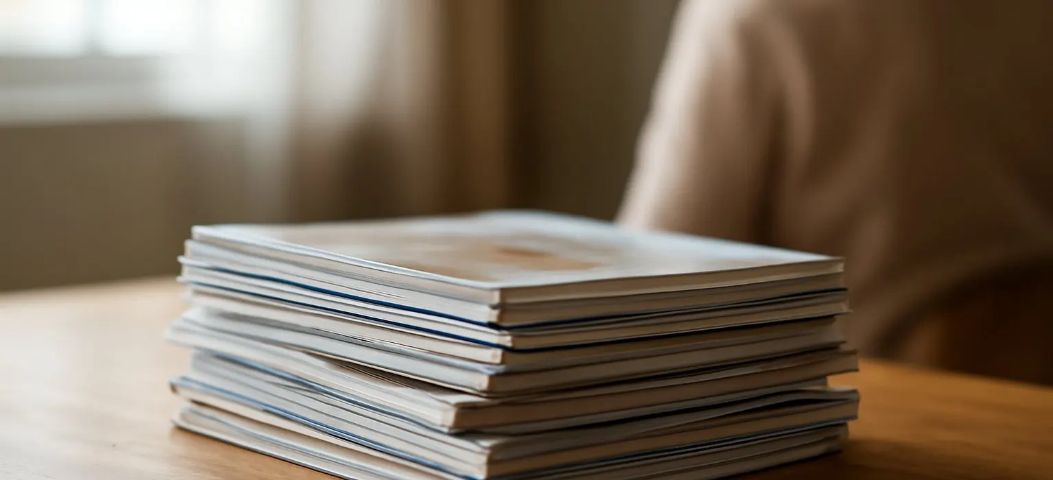 A neat stack of business magazines on a wooden table beside a window