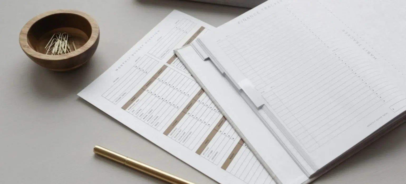A finance tracker planner with budget sheets, a gold pen, and paper clips
