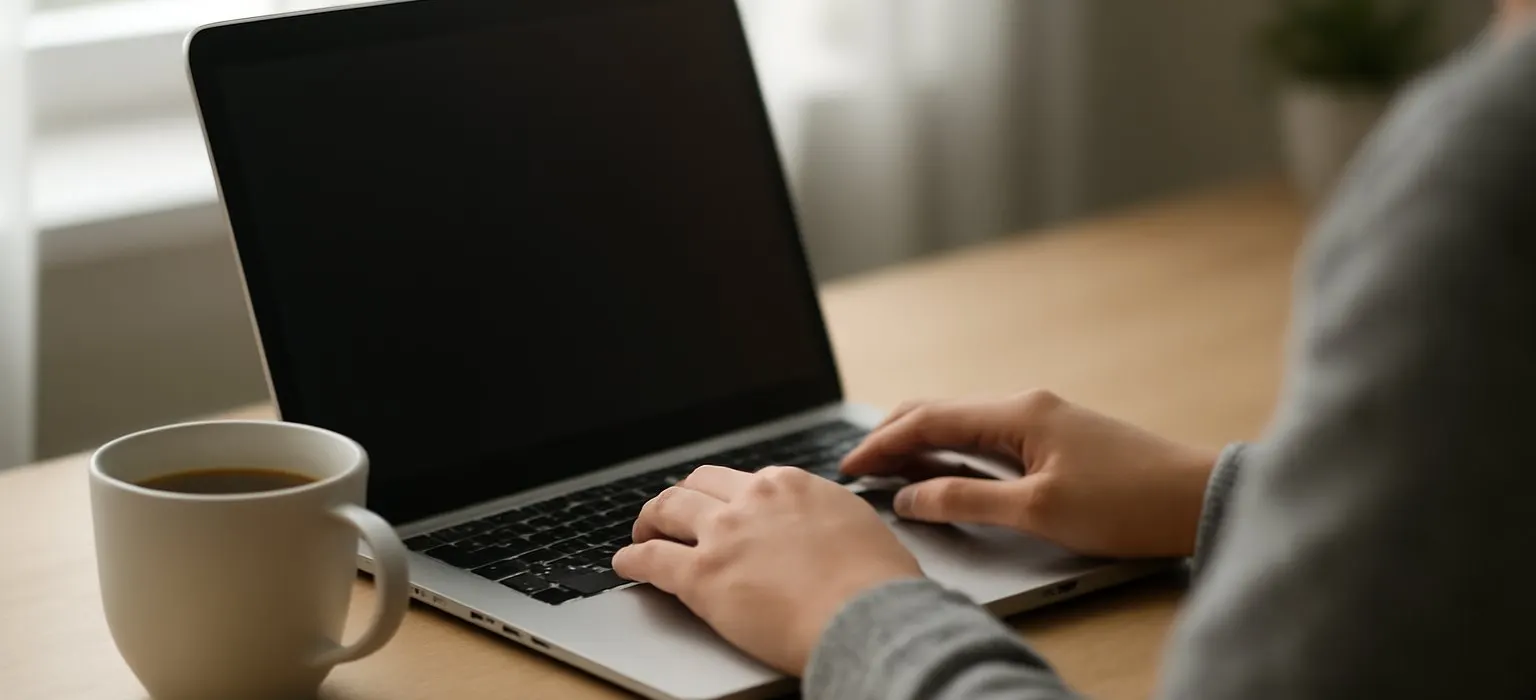 An open laptop beside a cup of coffee on a tidy wooden desk