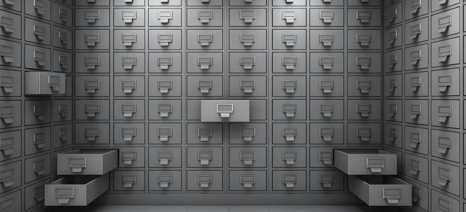 A room filled with rows of filing cabinets