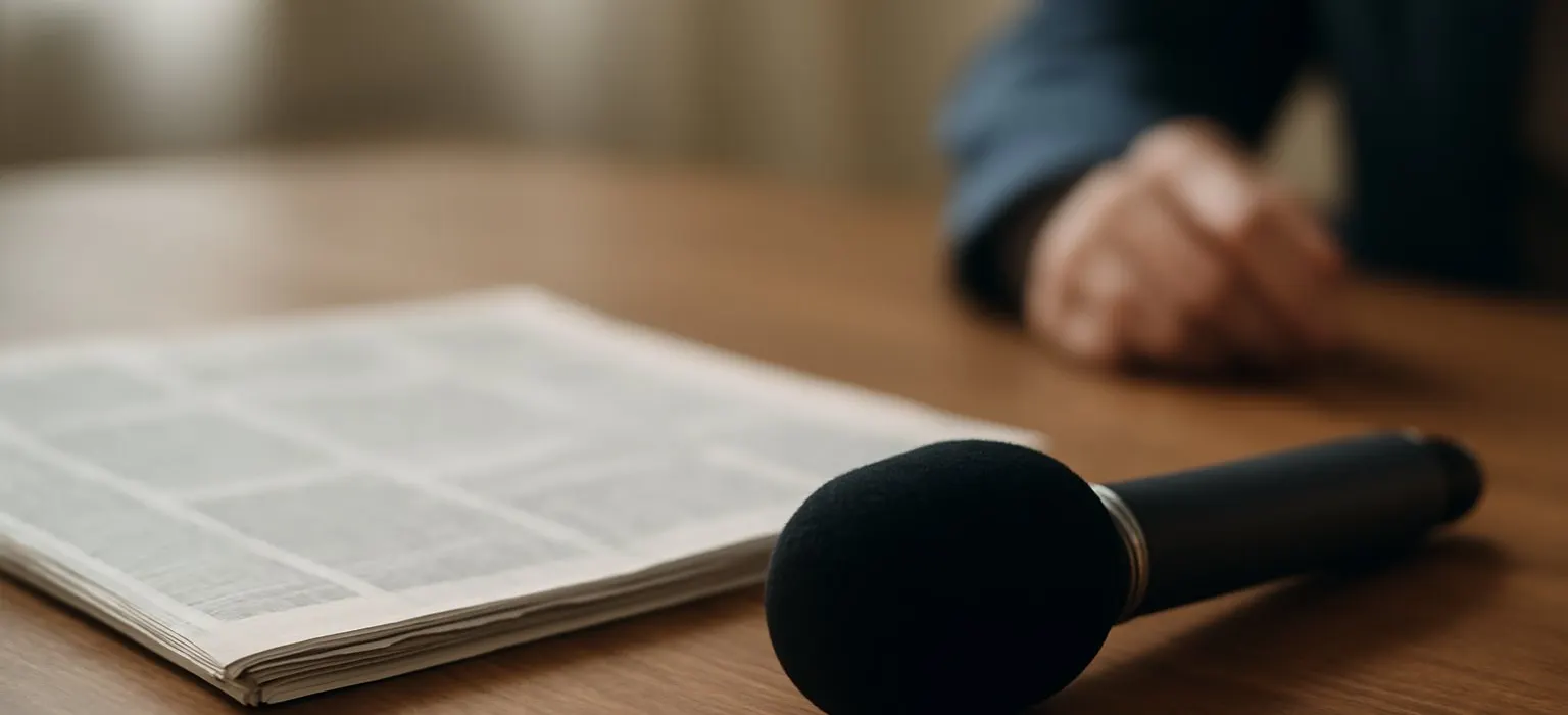 A folded newspaper beside a vintage microphone on a wooden desk