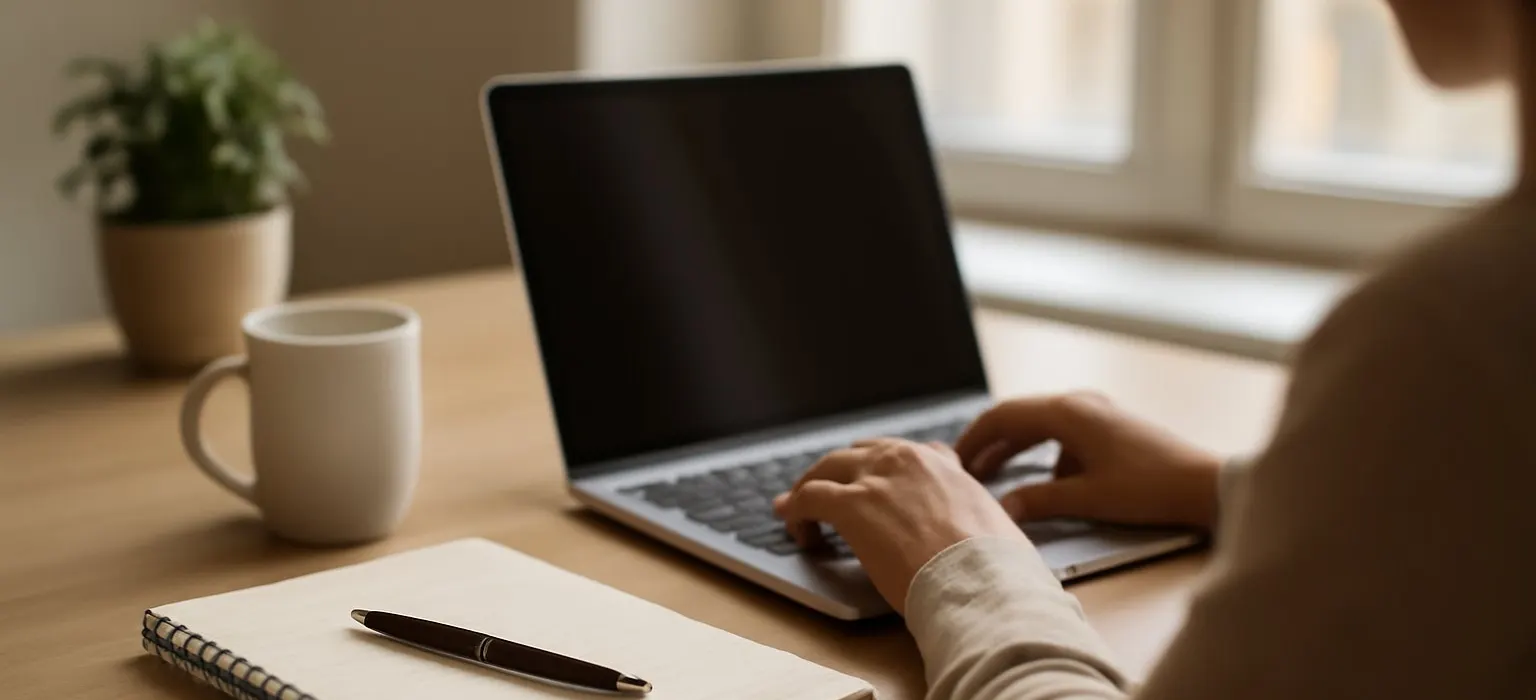 A laptop and an open notebook on a tidy office desk in morning light