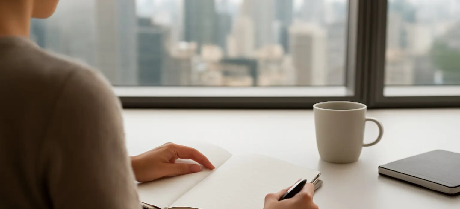 A tidy desk with a closed notebook and pen in front of a window overlooking a city