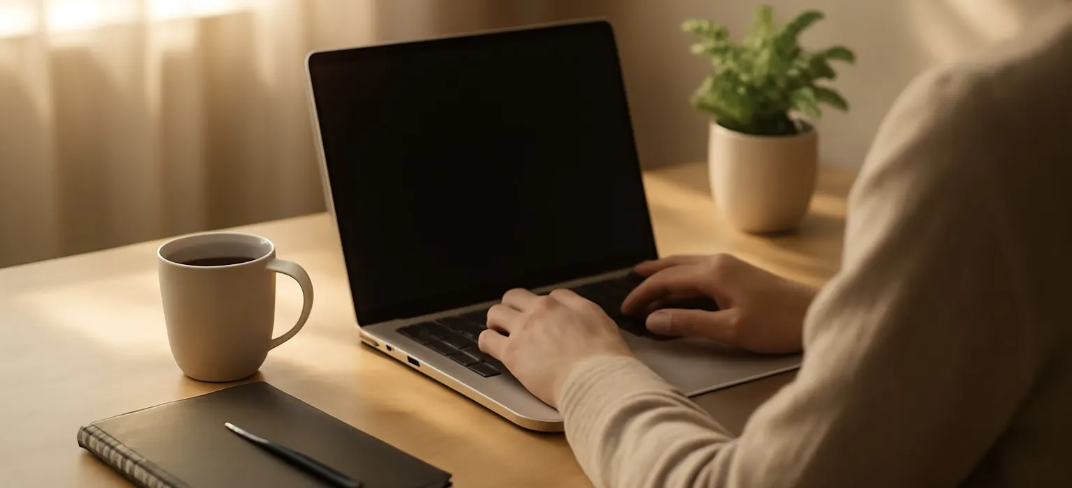 A laptop open on a tidy office desk in soft morning light