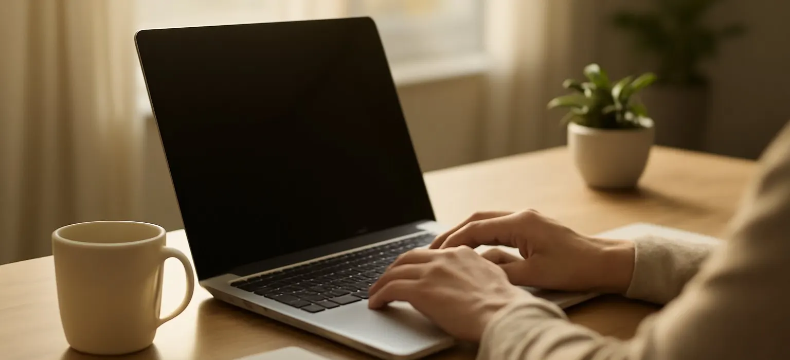 An open laptop on a tidy wooden desk in a bright office with morning light