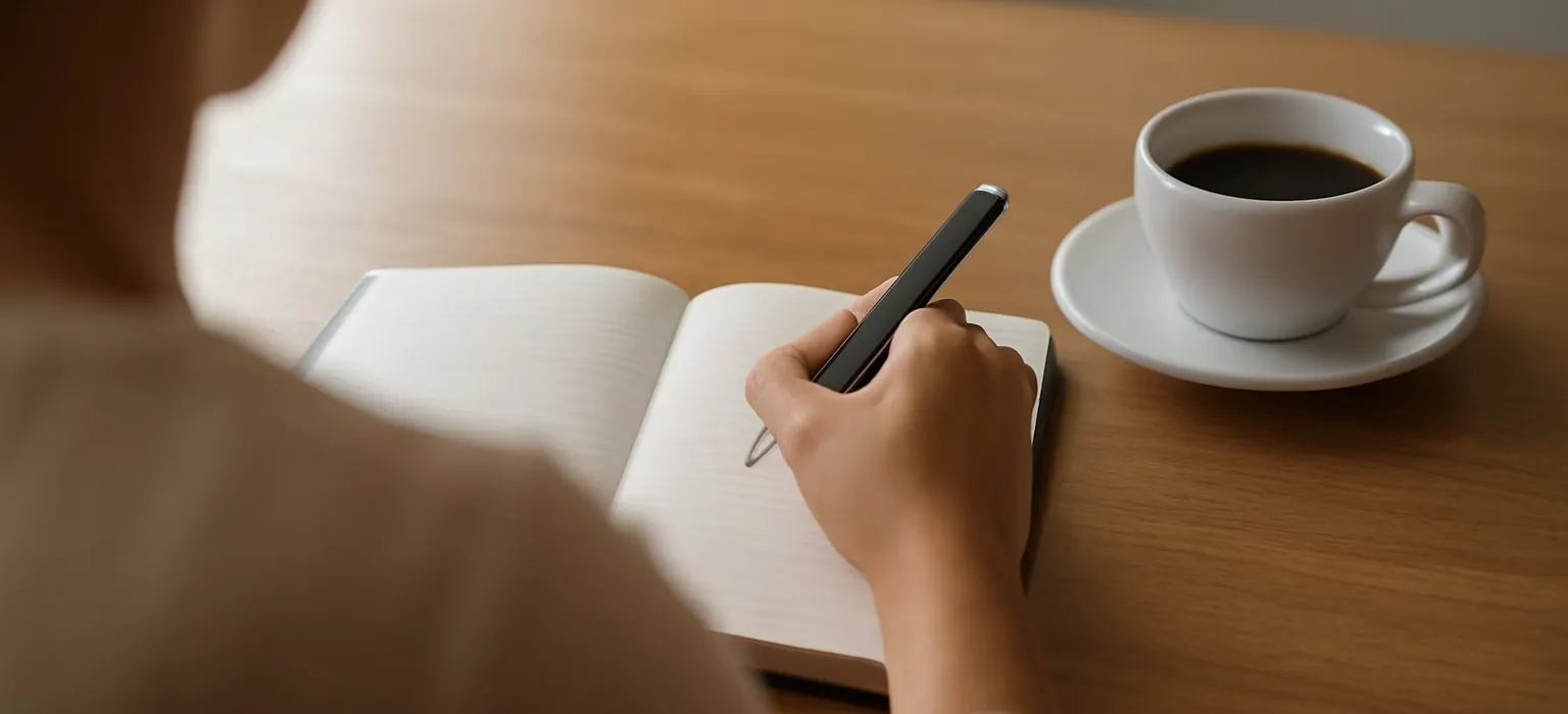 An open notebook with handwritten notes and a pen beside a cup of coffee on a desk