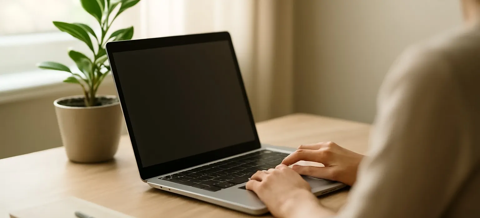 A laptop on a tidy desk beside a small potted plant in soft daylight