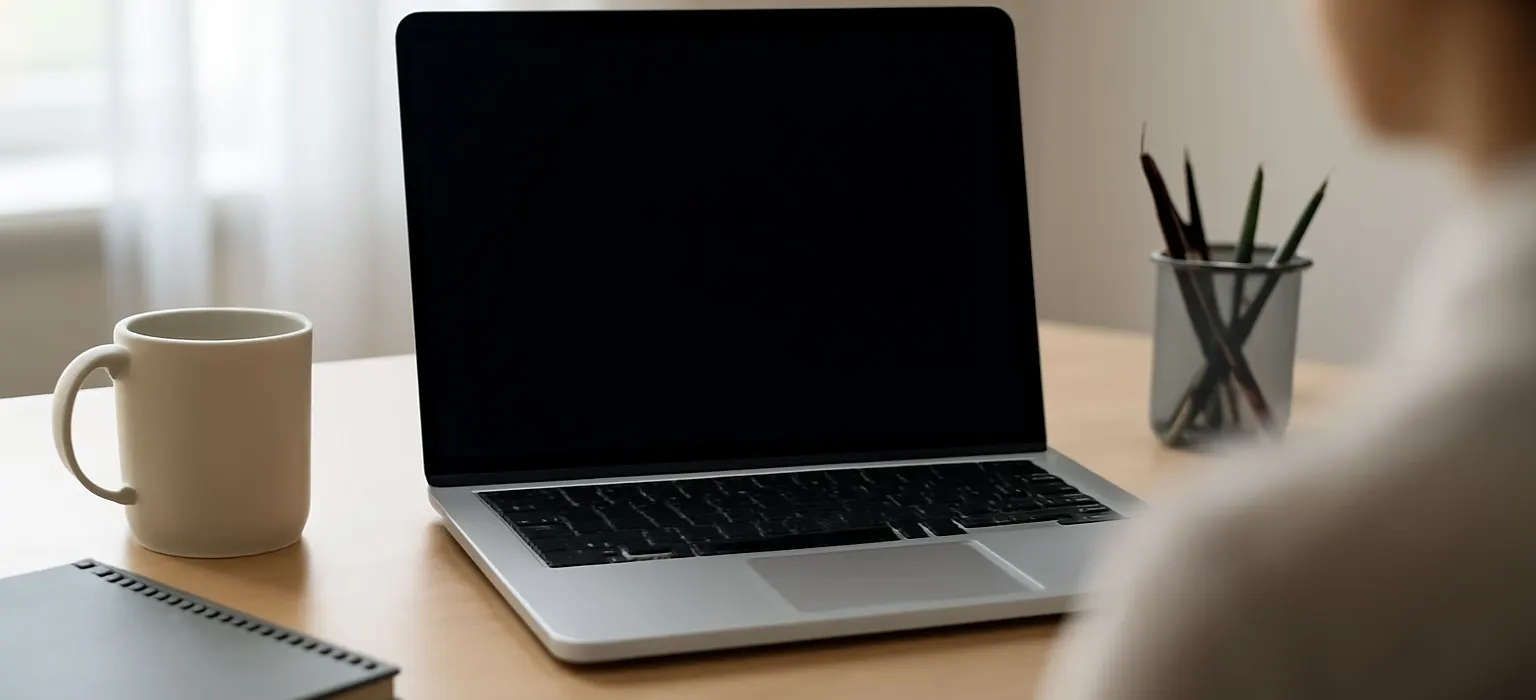 An open laptop on a clean, minimal office desk beside a notebook