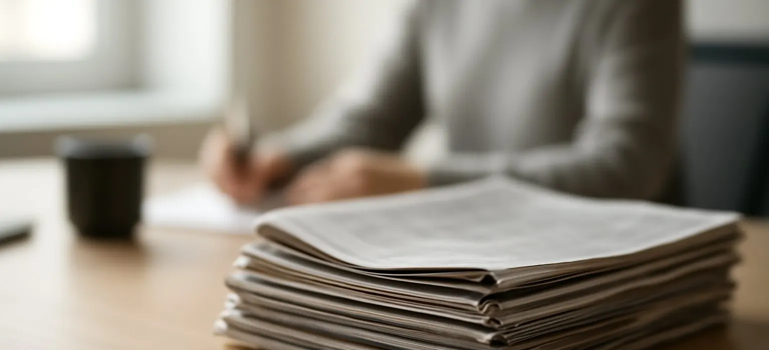 A neat stack of printed newspapers on a desk next to a pair of reading glasses