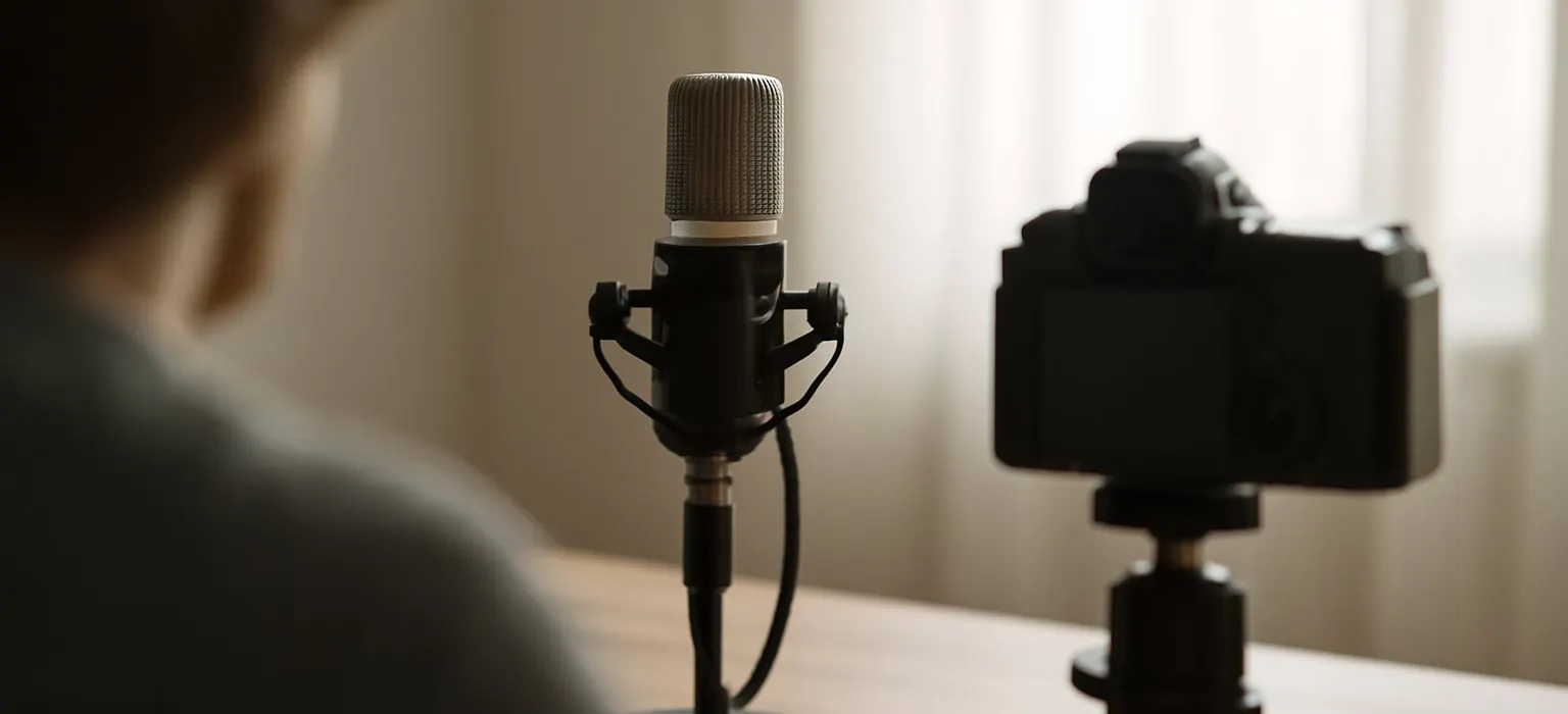 A microphone on a stand in front of a video camera in an empty studio