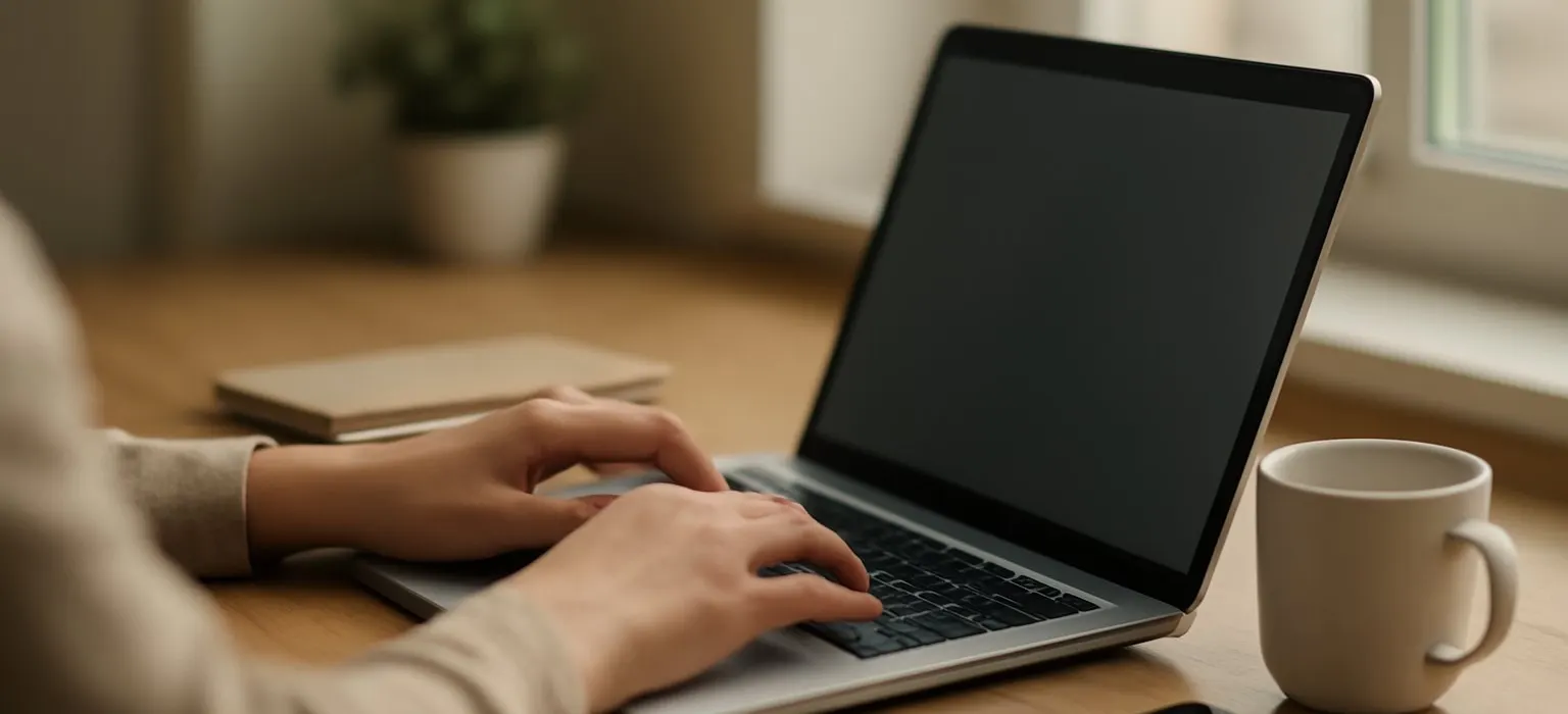 A closed laptop on a tidy wooden desk beside a window with soft daylight