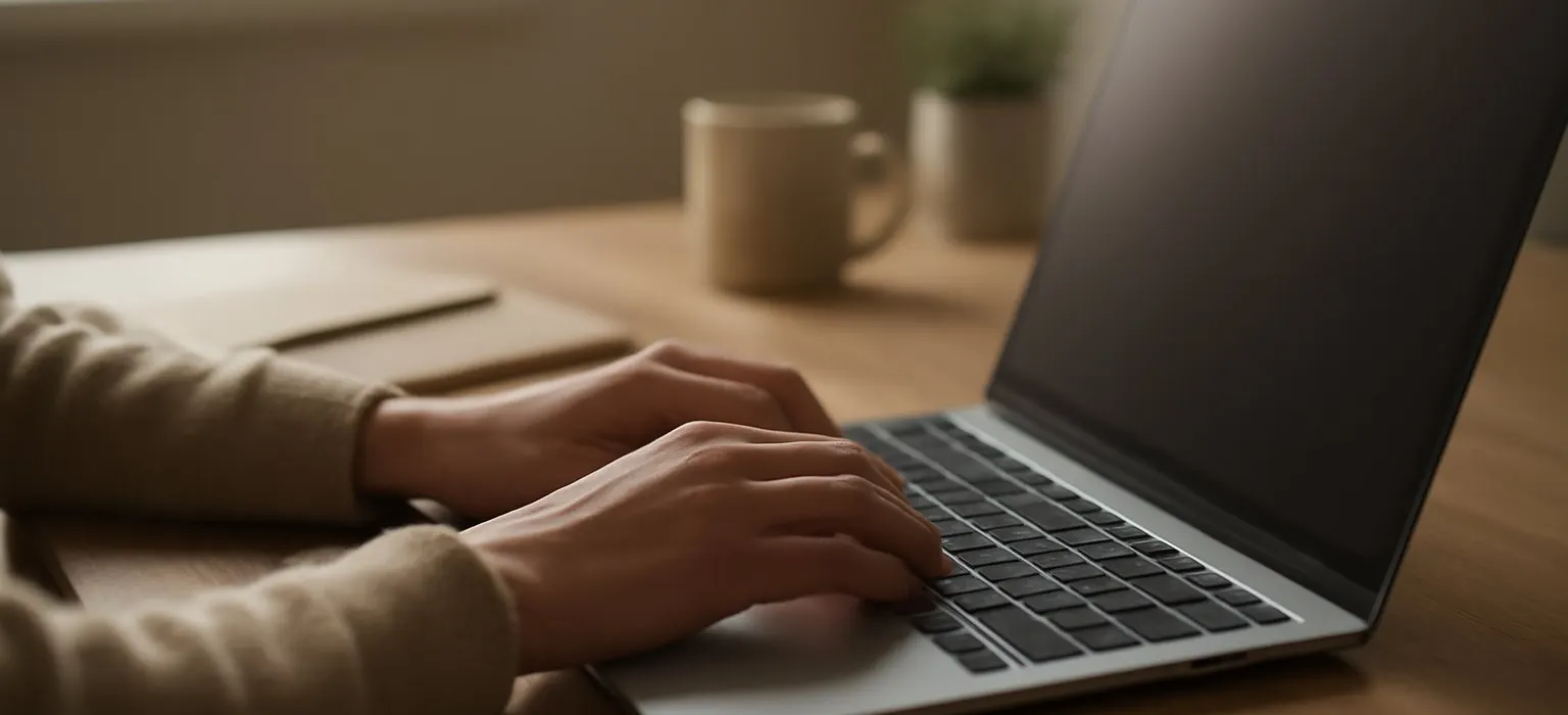 A laptop keyboard on a quiet desk lit by soft daylight from a window