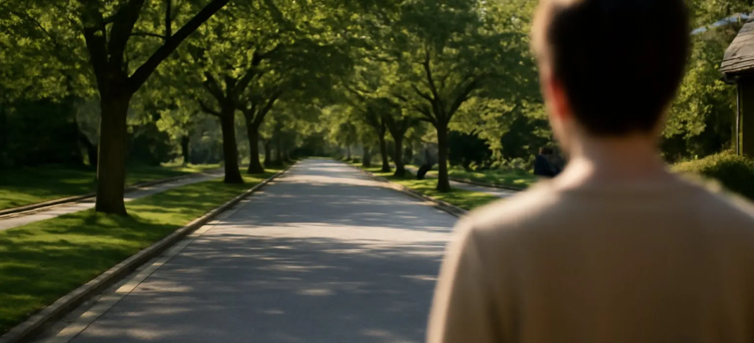 A quiet tree-lined suburban street with houses, sidewalks and parked cars in daylight