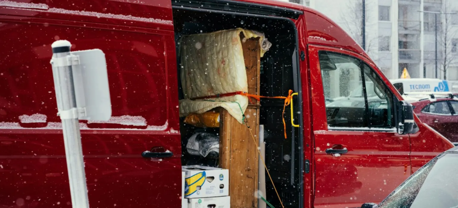A red van is parked on the side of the road