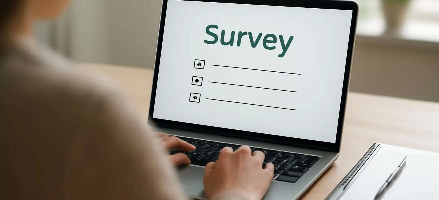 A laptop screen showing a short online survey with a zero to ten scale