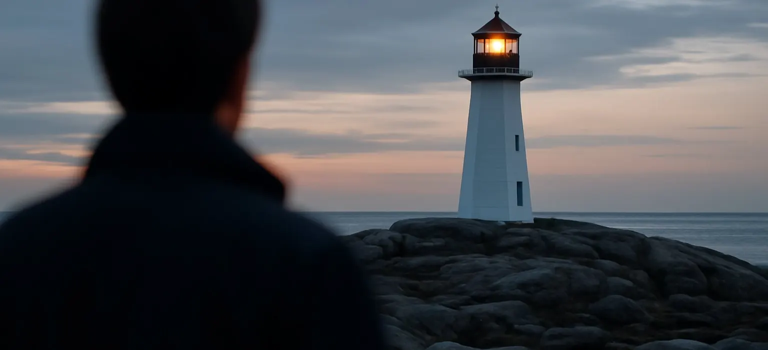 A lighthouse standing on a rocky shoreline under a calm evening sky