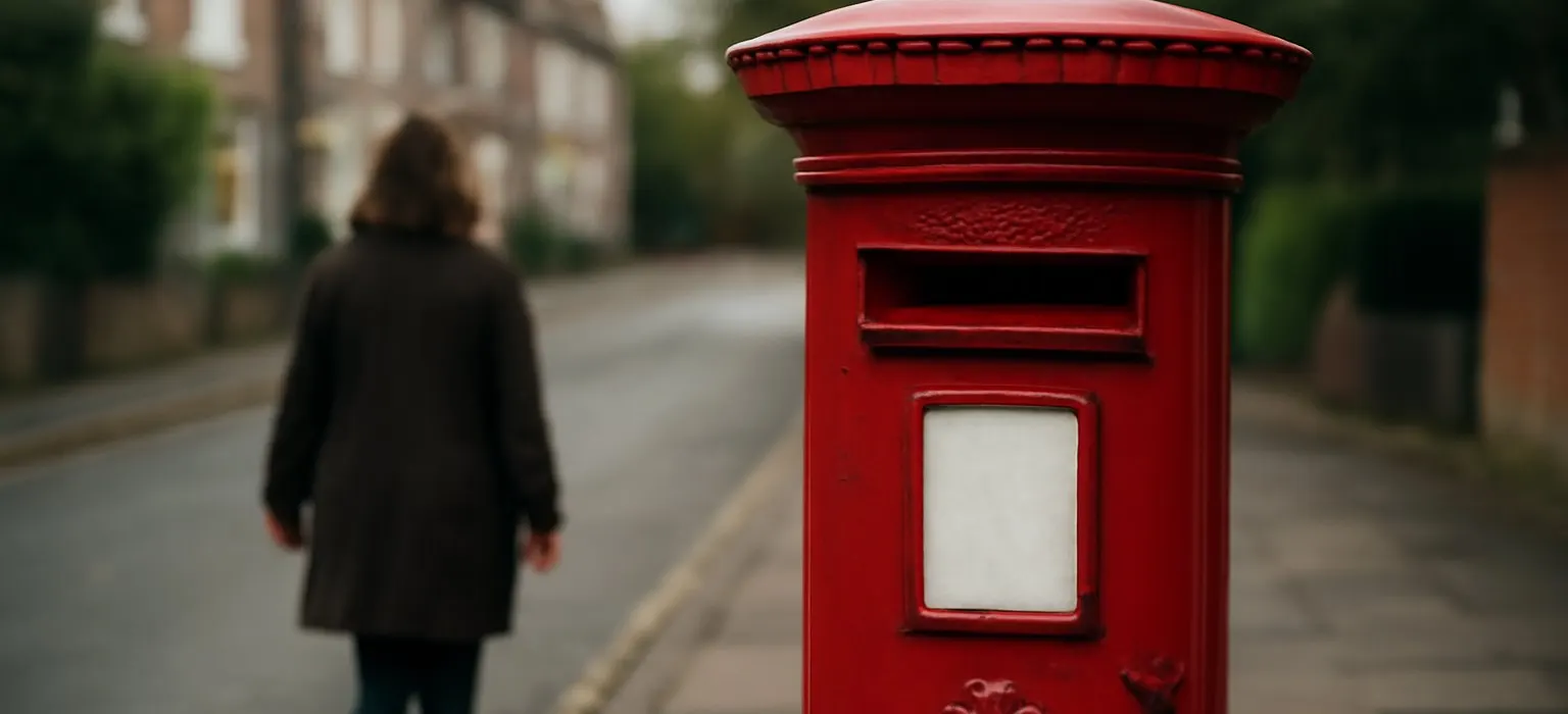 A red British postbox on a quiet residential street with terraced houses behind it