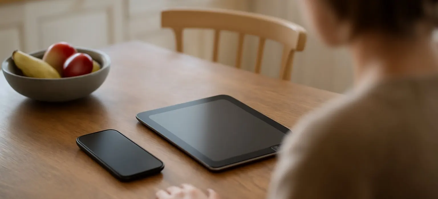 A smartphone lying face up on a kitchen table next to a mug and a notebook