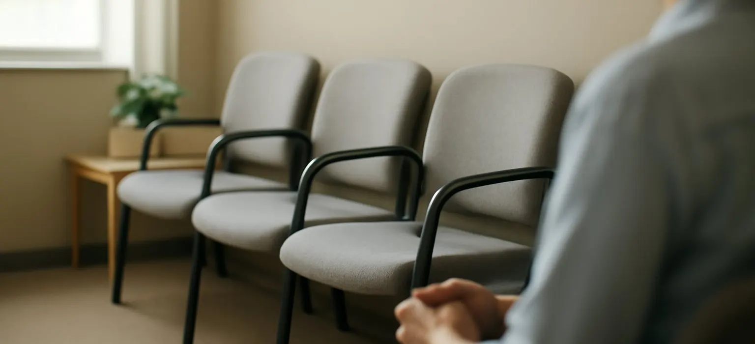 An empty, calm clinic waiting room with neat rows of chairs and soft lighting