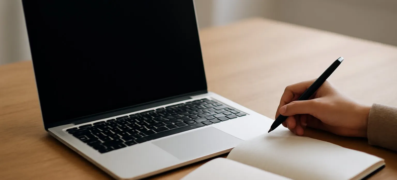 An open laptop and a paper notebook on a clean wooden desk in daylight