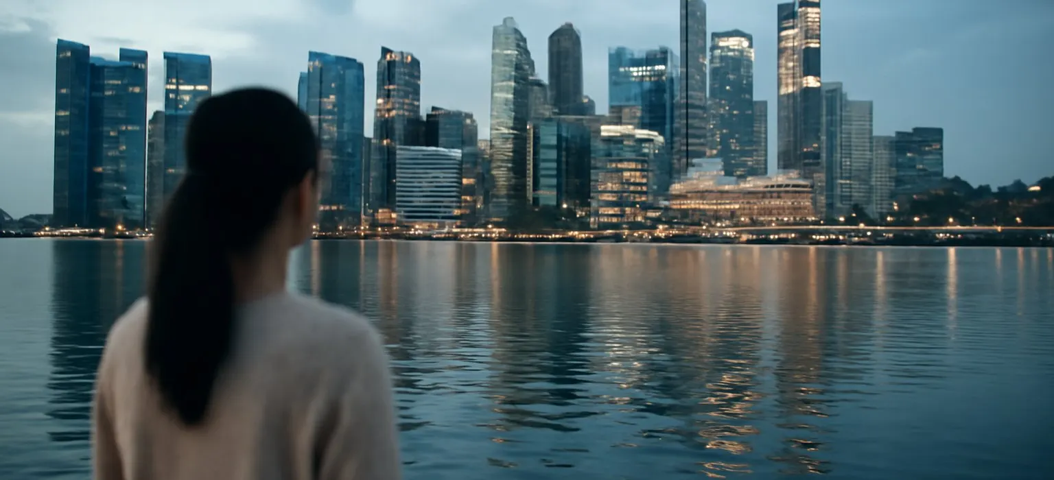 The Singapore skyline at dusk reflected in calm water