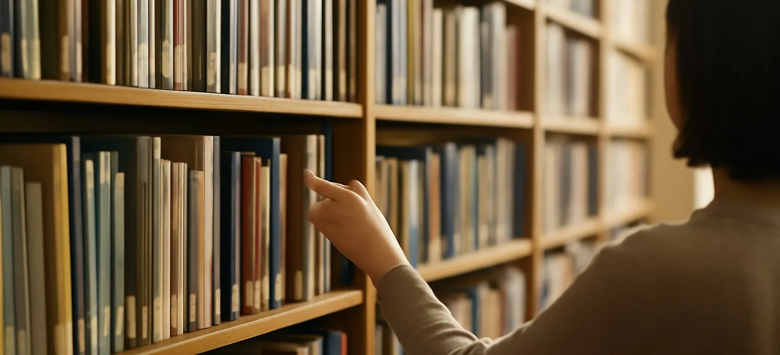 Rows of library shelves with books in soft, warm afternoon light