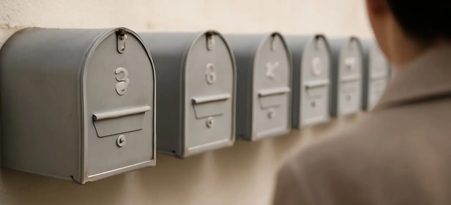 A neat row of closed metal mailboxes set into a pale wall