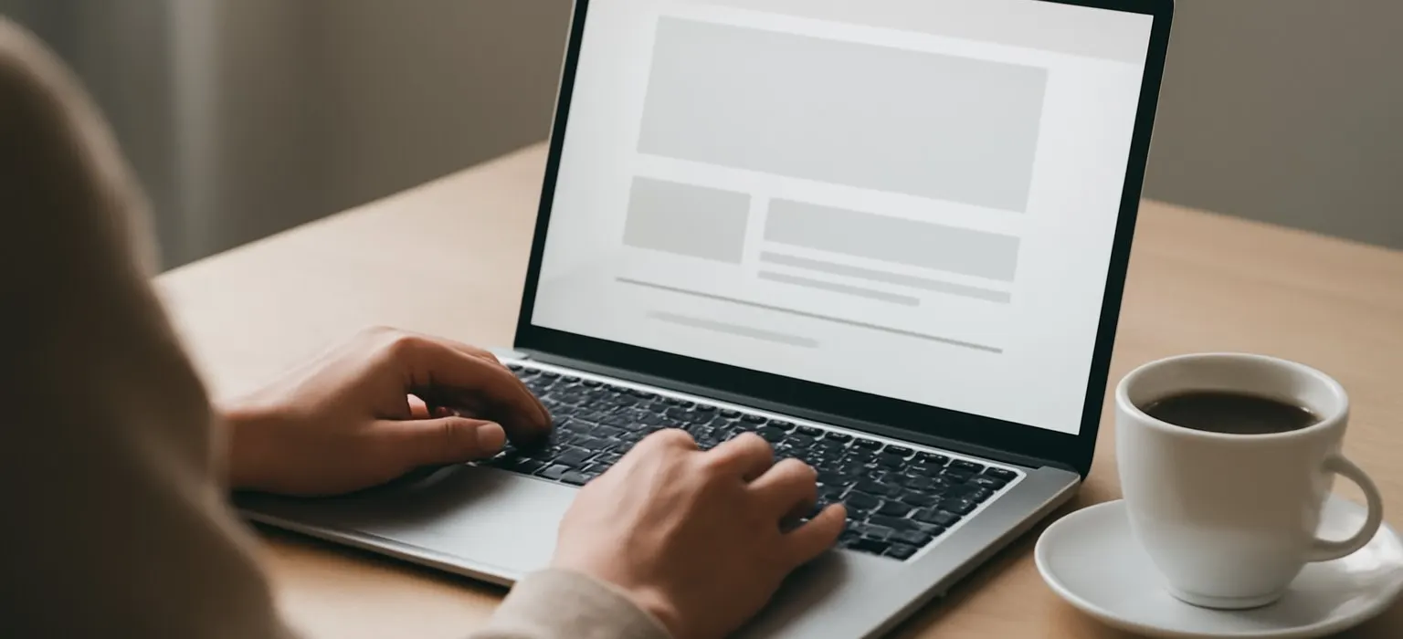 A laptop showing a simple, clean website layout next to a cup of coffee