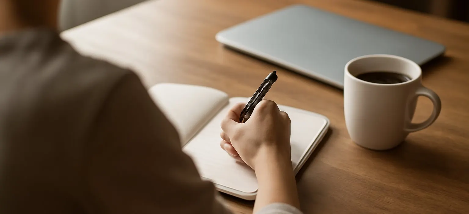 An open notebook, a pen and a cup of coffee on a desk in morning light