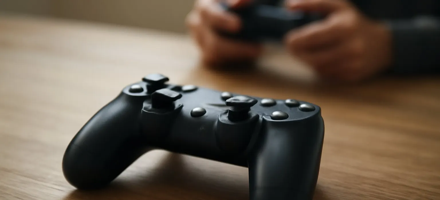 A black wireless game controller resting on a wooden table in soft daylight