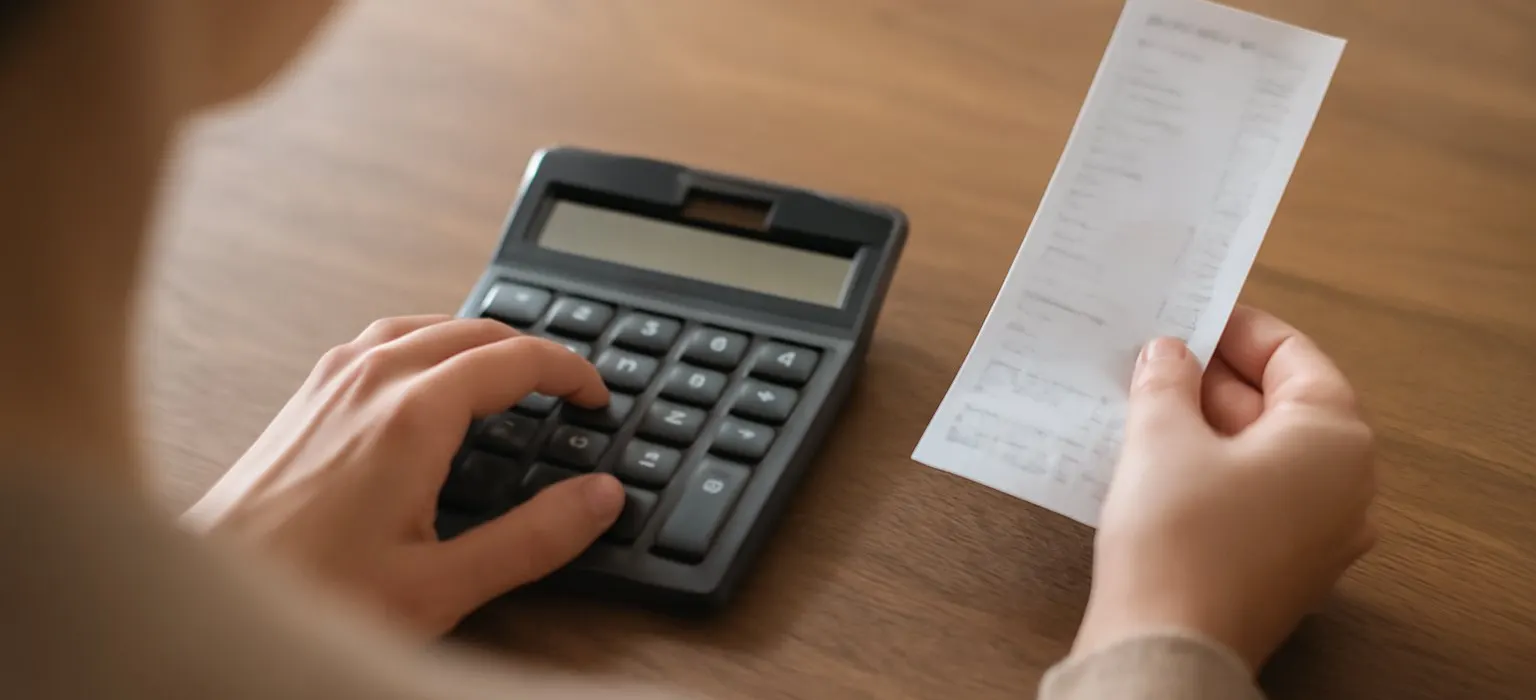 A calculator, a pen and a printed receipt laid out on a wooden desk