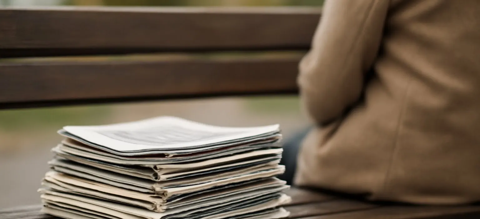 A neat stack of printed newspapers resting on a wooden bench outdoors