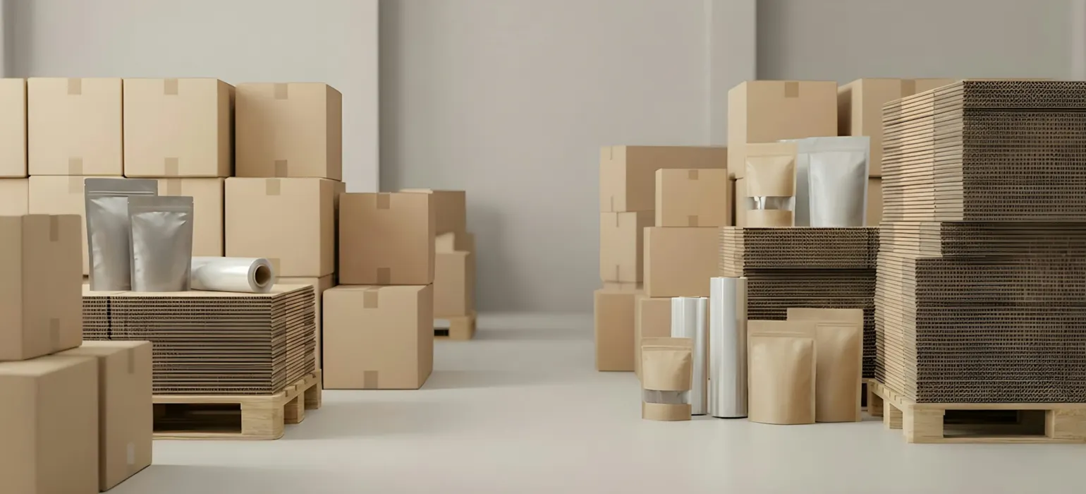 Stacked cardboard boxes and product packaging in a warehouse