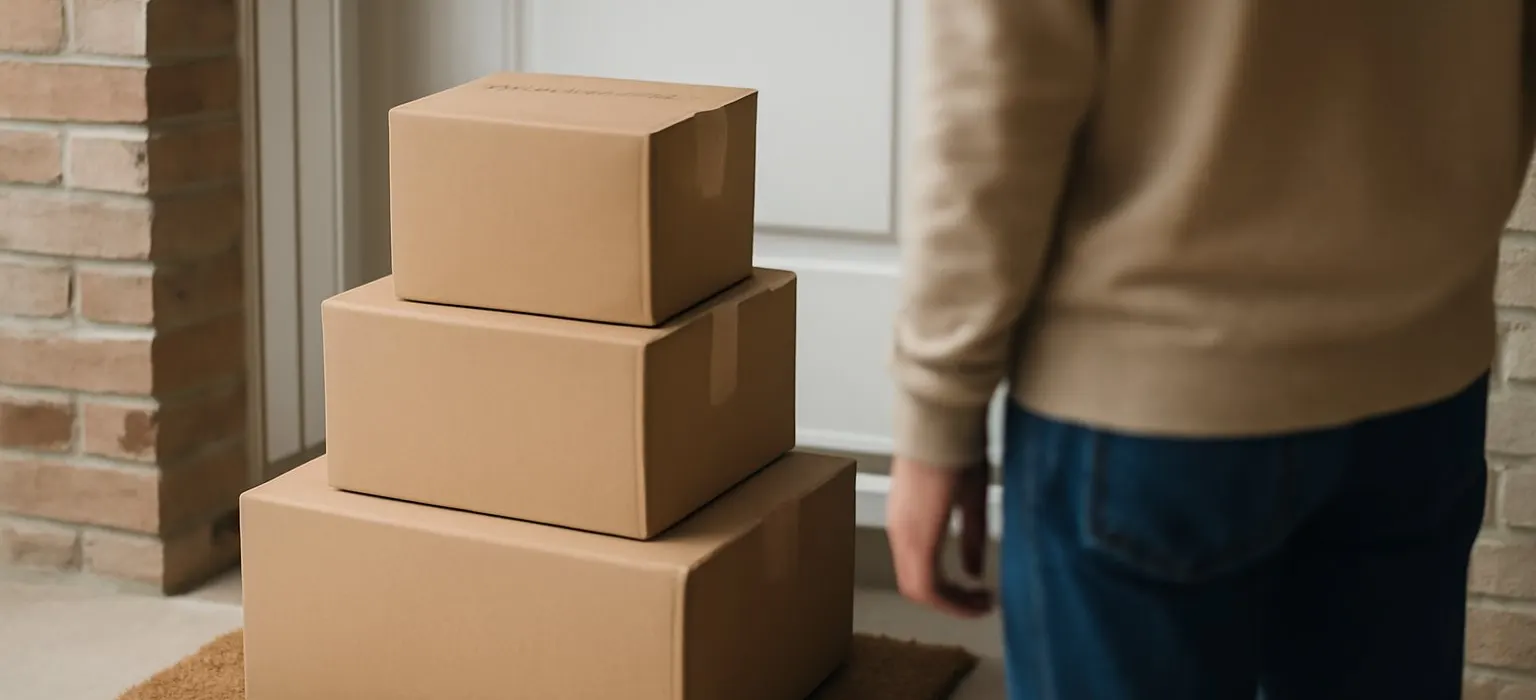A few plain cardboard delivery boxes stacked neatly on a front doorstep