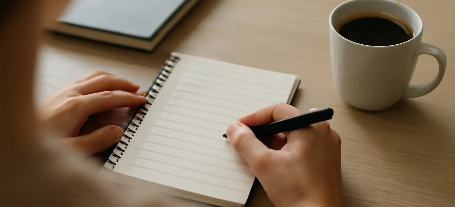 An open notebook with a handwritten plan next to a cup of coffee on a wooden table