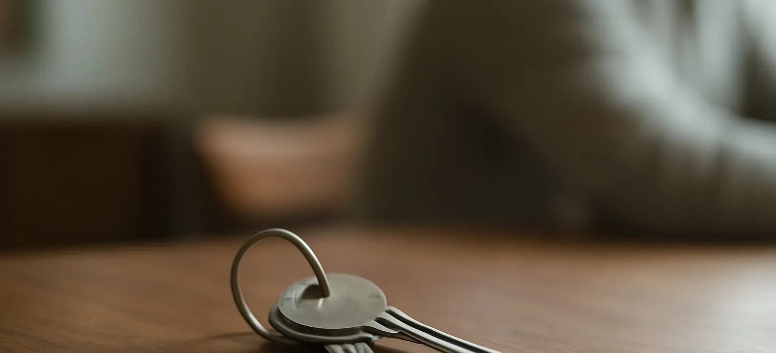 A set of house keys with a small tag resting on a light wooden table