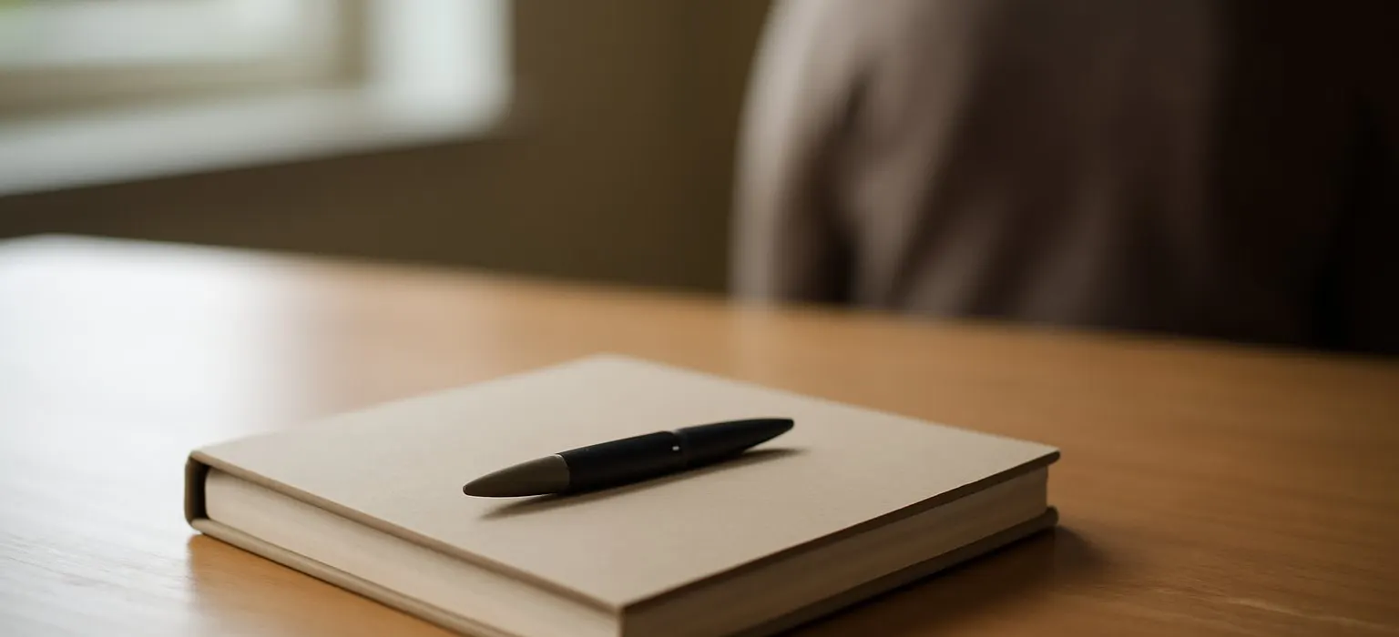 A closed notebook with a pen resting on top on a plain table