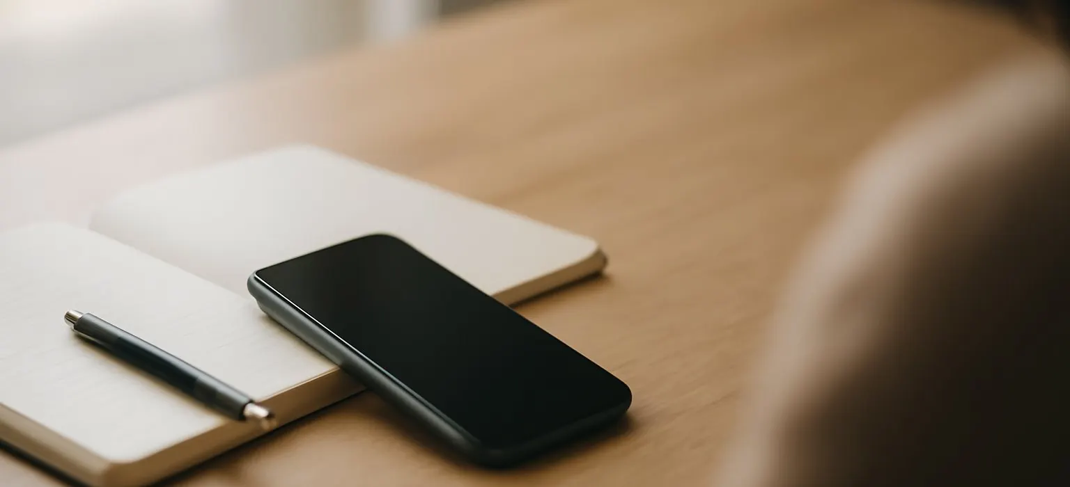 A smartphone resting on a wooden desk beside an open notebook and a pen