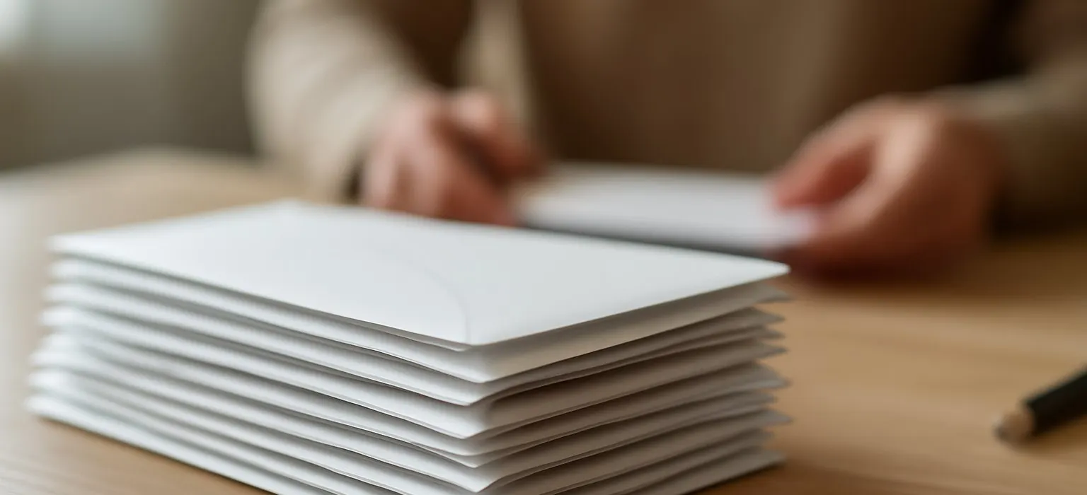 A neat stack of unopened mail envelopes on a kitchen table