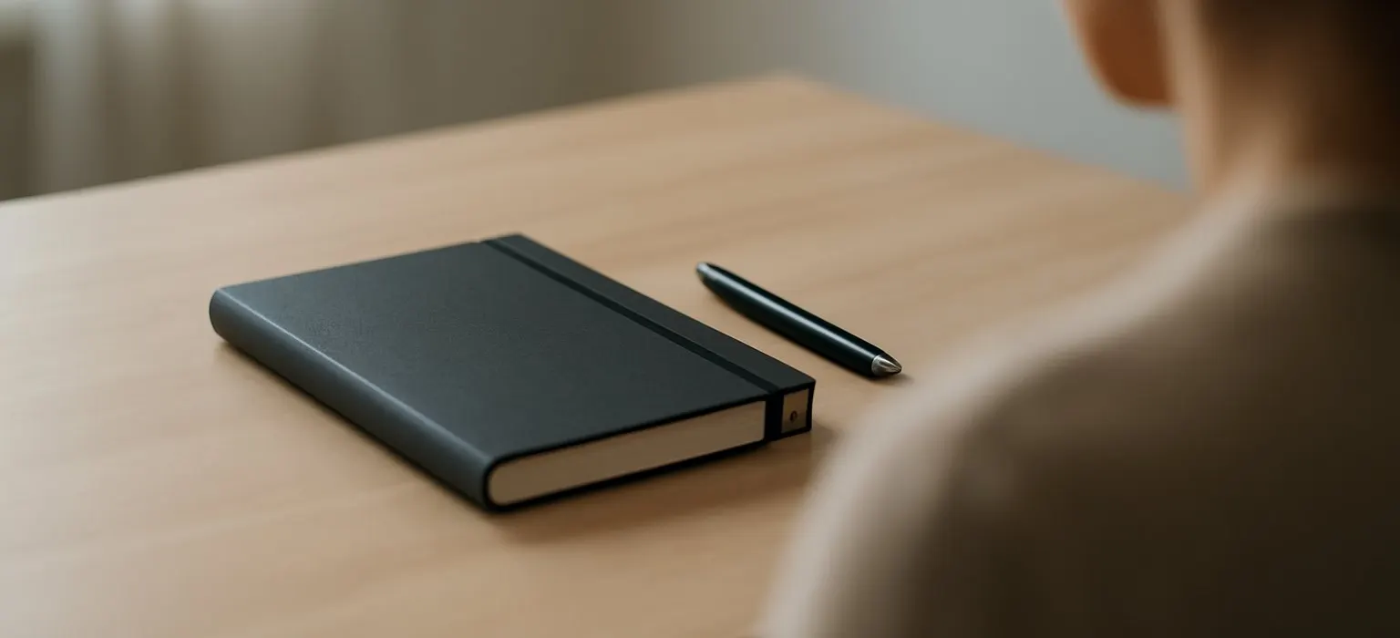 A closed notebook with a pen lying on top, on a clean white desk