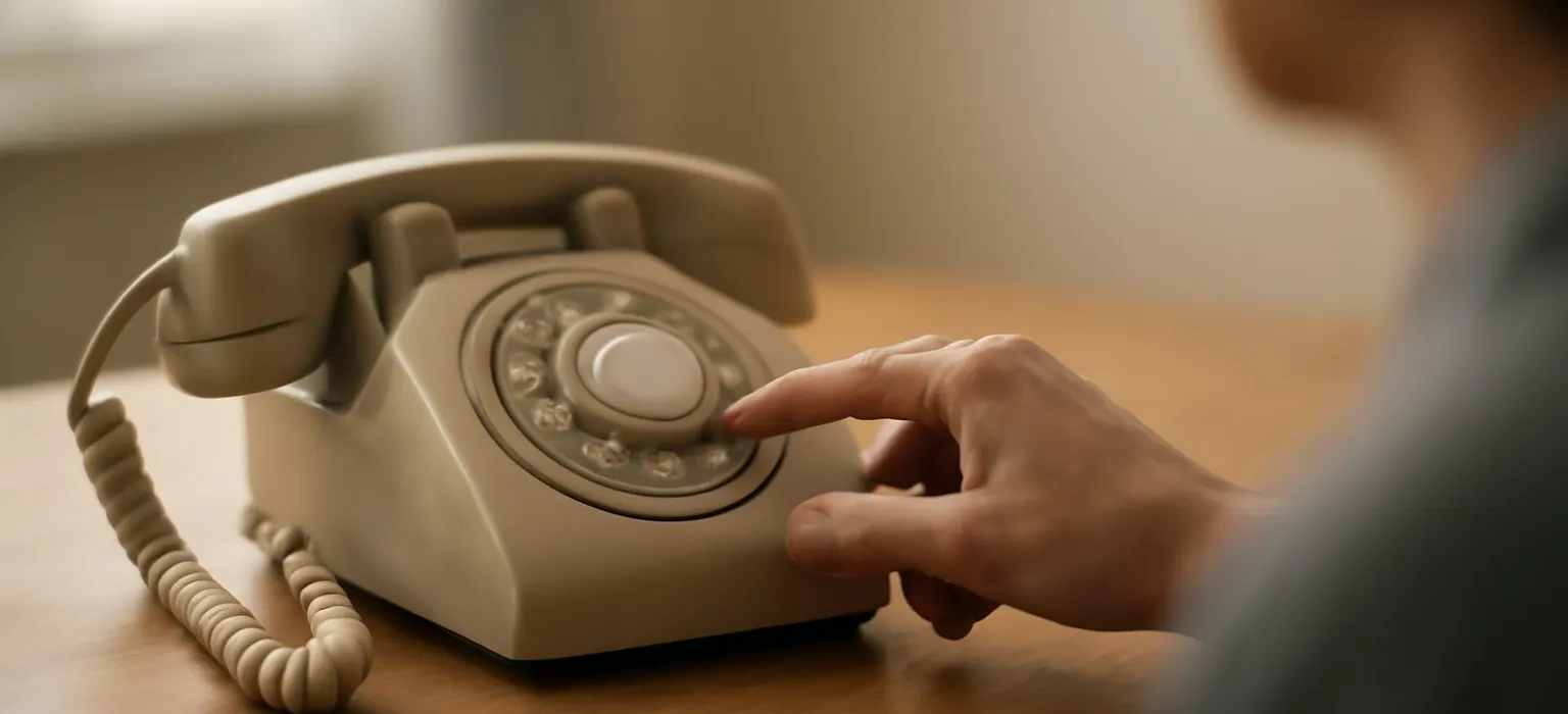 A vintage rotary telephone sitting on a small wooden side table by a wall